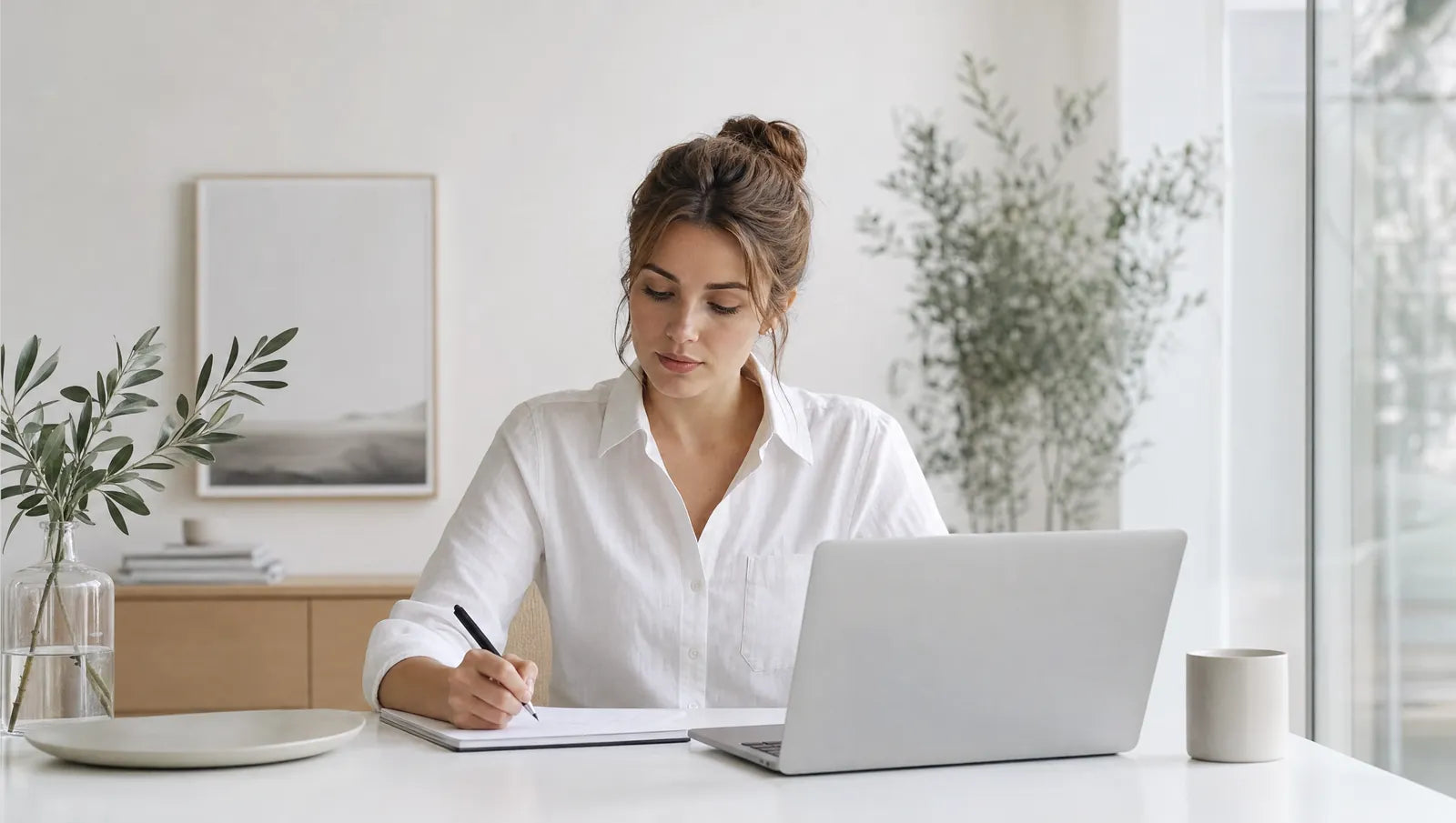 Vrouw werkt geconcentreerd aan een bureau, illustratie bij de gids over mentale focus en helderheid