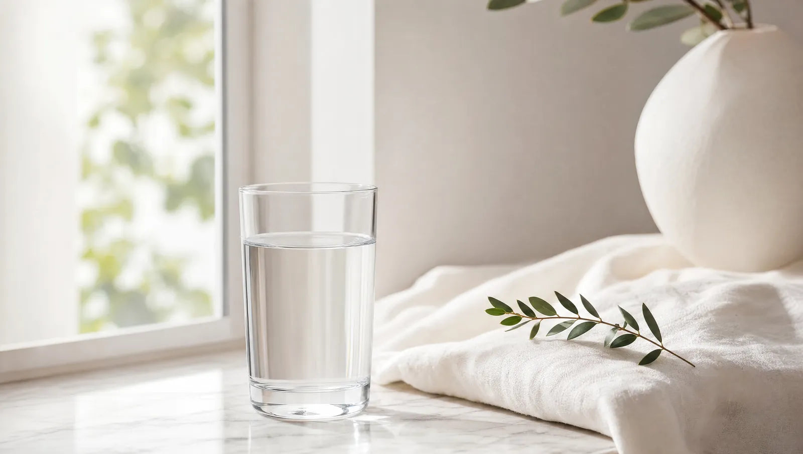 Glas water op een lichte vensterbank met een takje eucalyptus, beeld bij het artikel over brain fog