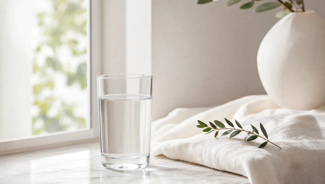 Glas water op een lichte vensterbank met een takje eucalyptus, beeld bij het artikel over brain fog