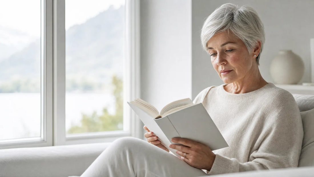 Vrouw met grijs haar leest een boek bij het raam, beeld bij geheugen verbeteren na uw 40e
