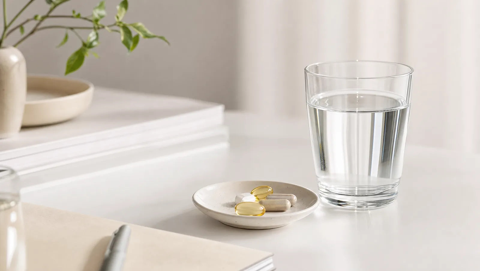 Glas water en een schaaltje capsules op een licht bureau, beeld bij vitamines en concentratie