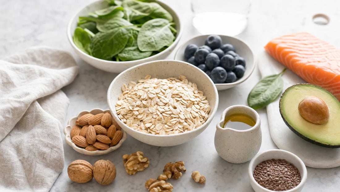 Havermout, amandelen, walnoten, avocado, zalm, blauwe bessen en lijnzaad als cholesterolvriendelijke voeding