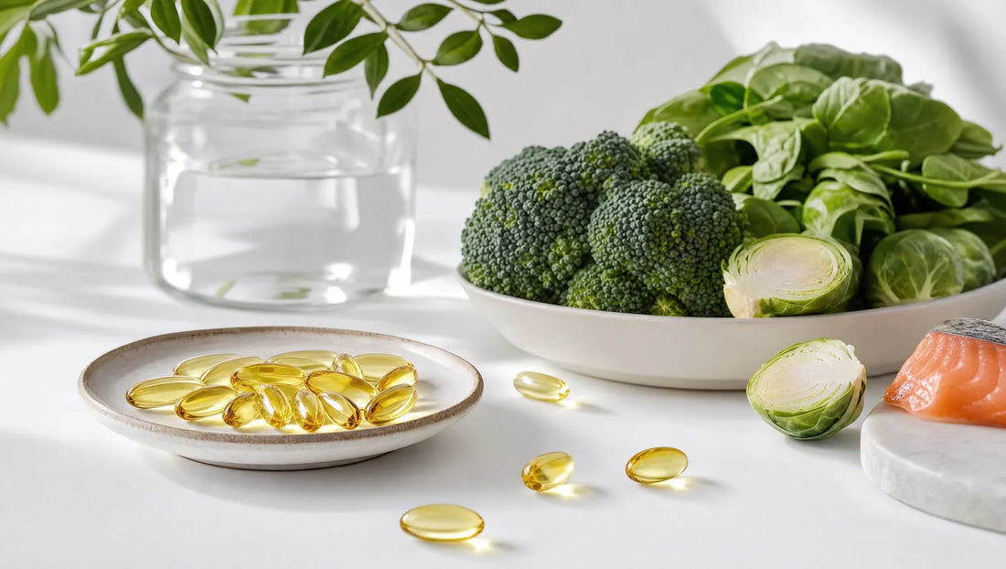 Visoliecapsules op een schaaltje naast broccoli, spruitjes, spinazie, zalm en een glas water, beeld bij triglyceriden verlagen