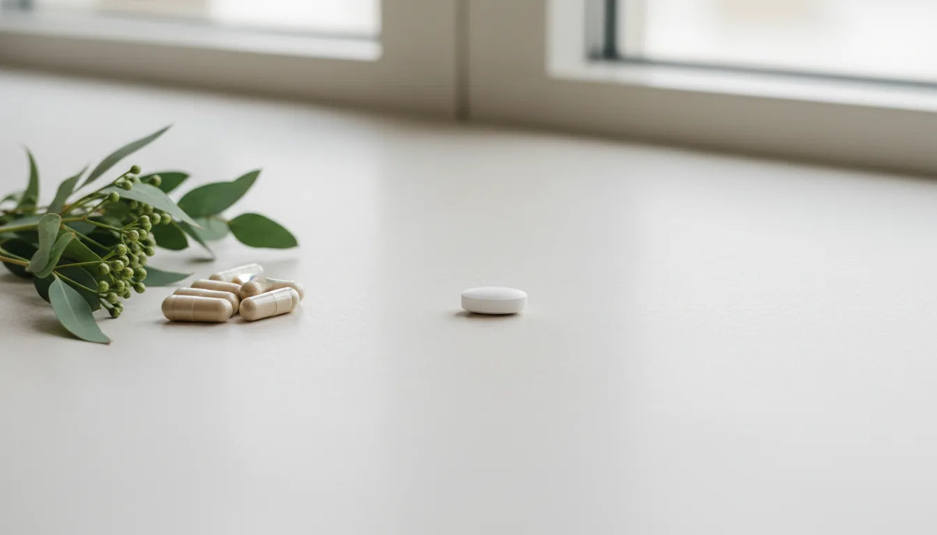 Verse kruiden en supplement-capsules op een lichte tafel, Vaud-stijl
