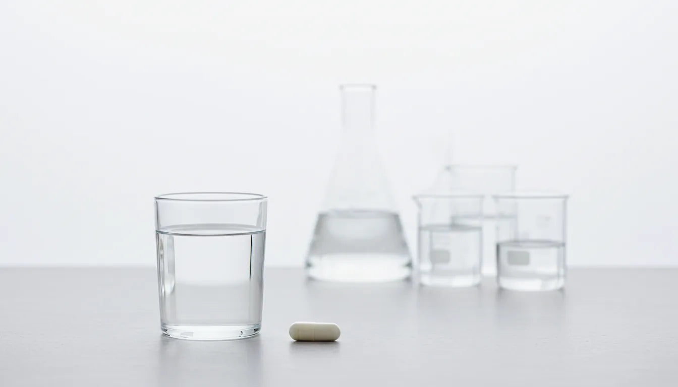 Glas water met laboratoriumglaswerk, klinische Vaud-stijl