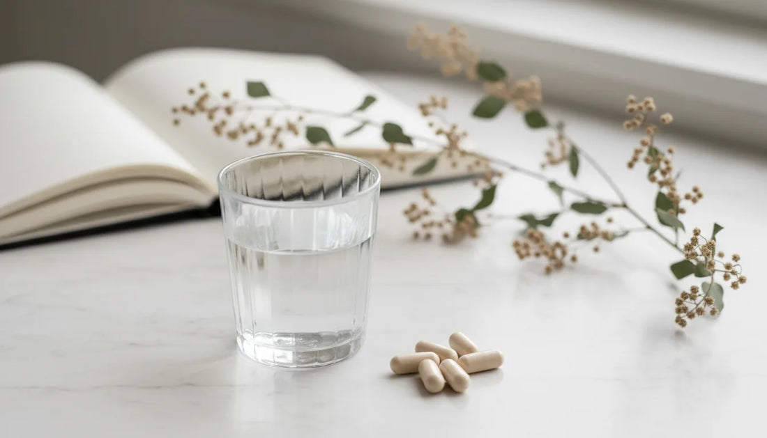 Open boek, glas water en een bloementak met capsules, editorial Vaud-stijl
