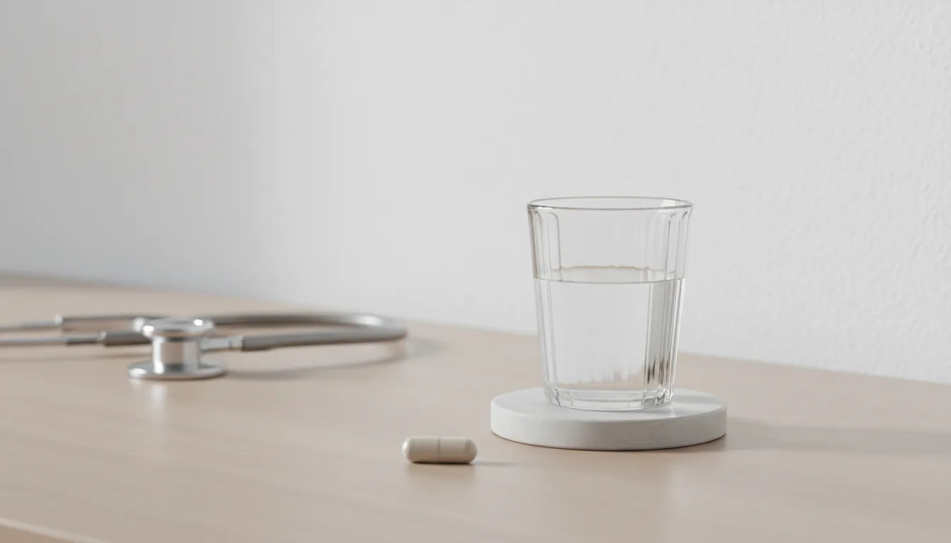 Glas water met een capsule en stethoscoop, medische premium Vaud-stijl